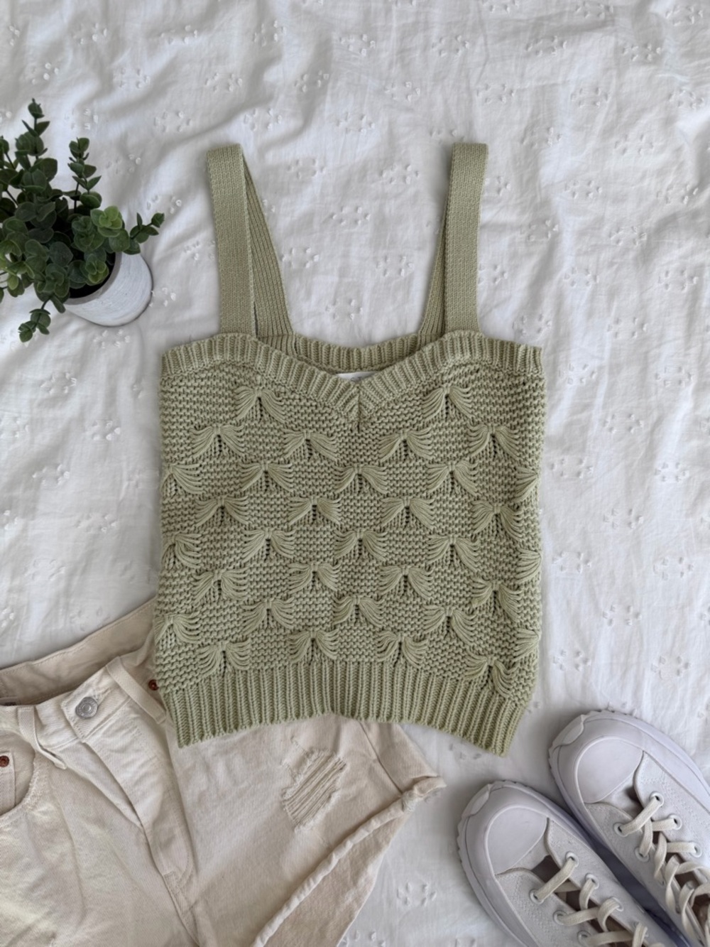 Astr Lace-Style Knit Camisole in Sage Green